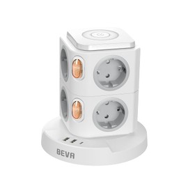 BEVA Power Strip with Surge Protector, Vertical Socket Block with 8 Sockets and 3 USB, Power Strip with Two Switches, Overcharging and Over Voltage Protection, 2 m