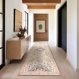 Phantoscope Hallway Runner Rug 2'x10', Washable Non-Slip Boho Rug Runner with Rubber Backing, Ultra-Thin Classic Floral Painting Stair Runner for Kitchen Entryway Bathroom Stairway, Pink/Ivory/Gray