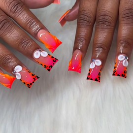 Leopard French Tips Press on Nails Medium Duck Fake Nails with Rhinestone Flower Charm Design Ombre Orange False Nails Glossy Skin Tones Stick on Nail Gradient Pink Nail for Women Manicure 24Pcs