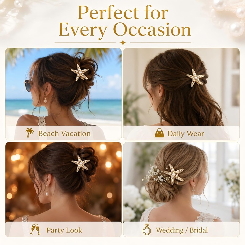 2 Pcs Starfish Pearl Hair Clip Summer Beach Gold Hair