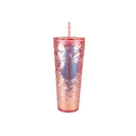 PRISTINE ENTERPRISE Crystal Effect Reusable Cold Cup with Straw, 710ml, 23cm Tall, Geometric Pattern, 4 Colours (Pink)