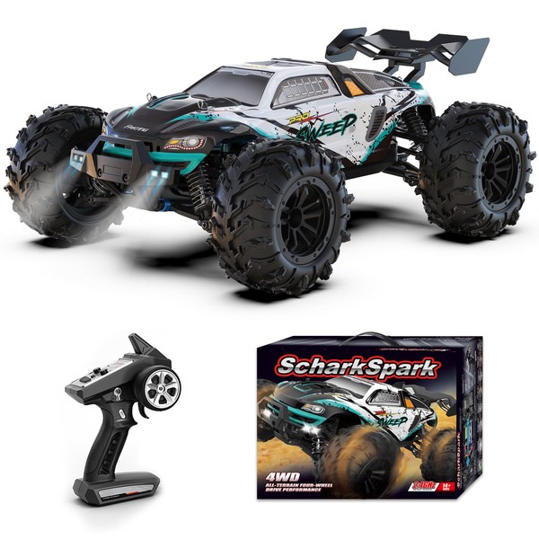 ScharkSpark Brushless RC Cars for Adults, Max 70 KPH Fast RC Truck, 4WD All Terrain Remote Control Car for Adults with 50 Min Runtime, 1:16 Offroad RC Monster Truck with 2 Batteries, Gifts for Boys