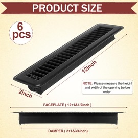 Tandefio 6 Pcs 2" x 12" Floor Register Vent Covers Metal Heavy Duty Walkable Floor Air Vent Covers with Rust Proof Finish Grille Easy Adjust Air Supply Lever for Home Floor Wall Ceiling (Black)