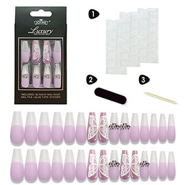 30 PCS Long Coffin Press on Nails with 3 Designs,French Matte False Nails with Flash Rhinestone Glossy Fashion Ballerina Fake Nails with 3D Butterfly,Full Cover Stick on Nails for Women Girls (Purple)