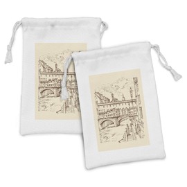 Lunarable Florence Fabric Pouch Set of 2, Aged Engraved Vintage Landscape Sketch Architecture Print, Small Drawstring Bag for Toiletries Masks and Favors, 9" x 6", Champagne and Chocolate