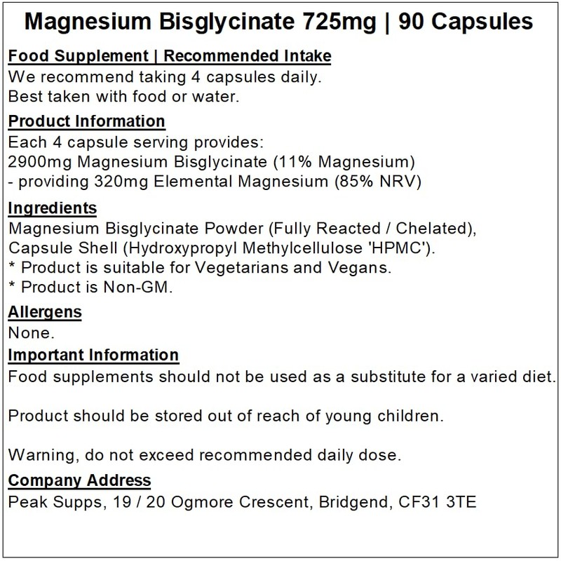 Peak Supps Magnesium Bisglycinate 725mg Capsules | Pure | Vegan