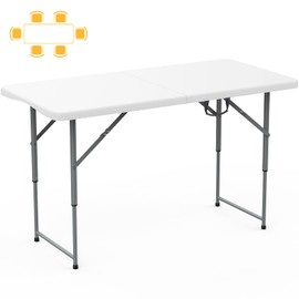 SKOK 330lbs Folding Picnic Table 4 Foot Adjustable Height, 4FT Plastic Picnic Table Portable with Carry Handle, Tailgating Utility Commercial Craft Card Table with Heavy Duty Frame for Party & Events