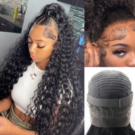 kloiynj Hidden Strap 360 Deep Wave Lace Front Wigs Human Hair 220% Density 360 Glueless Wigs Human Hair with Drawstring 360 Deep Wave Curly HD Full Lace Front Wigs Human Hair Pre Plucked 24 inch