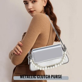 CorkAllin Evening Y2k Shiny Silver Purse Women Sparkly Hobo Purse Satchel Metallic Tote Handbag Clutch Shoulder Bag 2024 (A-Silver)