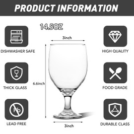 13.5OZ Water Goblets Set of 6, Clear Goblet Glasses Set for Home Bar, Wedding, Party, Elegant Design for Iced Tea, Sangria, Juice, Dishwasher Safe, Perfect for Daily Use Special Occasions