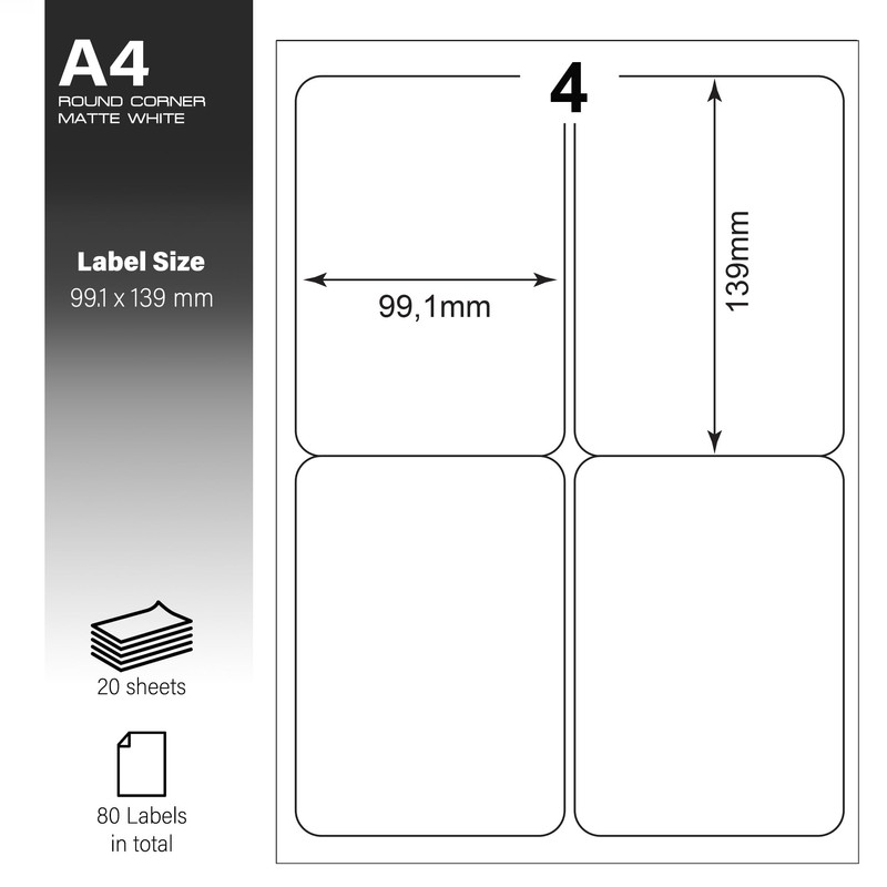 20 Sheets - 4 Labels Stickers Per Sheet, A4 White