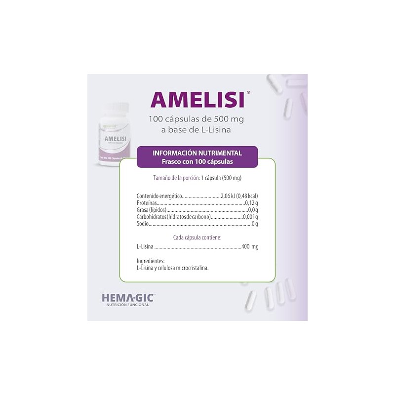 Amelisi Lisina 100 Cápsulas 500 Suplementos Alimenticios Aminoácidos Esenciales Celulosa