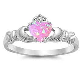Pink Simulated Opal Cute Claddagh Ring New .925 Sterling Silver Thumb Band Size 5