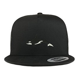 Trendy Apparel Shop Orca Killer Whale Embroidered 5 Panel Flat Bill Trucker Mesh Back Cap - Black