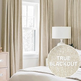 Natural Beige Full Blackout Window Curtain Panels 63 inches Long Burlap Linen Textured, Short Thermal Insulated Burlap Linen Bedroom Drapes Thermal Insulated Winter Curtains 40"x63"x2