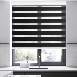 Joydeco Cordless Zebra Blinds for Windows, Dual Layer Free-Stop Zebra Shades Privacy Light Control for Day and Night, Light Filtering Sheer Blinds for Indoor Windows (Black, 31" W x 75" H)