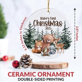 Woodland Baby’s First Christmas Ornament 2025 – Baby 1st Christmas Keepsake, New Baby Ornament for Girls Boys, Pregnancy Newborn Baby Gift, Ceramic Xmas Tree Decoration