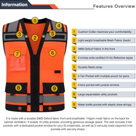 Class 2 High Visibility Reflective Safety Vests Women & Men With 15 Pockets And Zipper Front,Meets Ansi/Isea Standards (Orange_body Black Trims, Small)