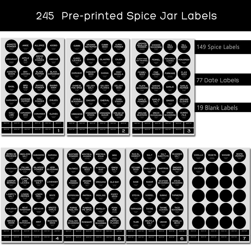 Kuocodall 245 Spice Jar Labels - Round Preprinted Minimalist Waterproof
