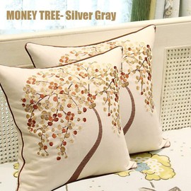 ZUODU Embroidery Cushion Cover 2PC 45cmx45cm Embroidered Cotton Linen Decorative Throw Pillow Cover Cushion Case Pillow Case - Money Tree (Happy Tree-Silver Gray 2PC)