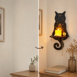 Cat Wall Shelf for Candle & Small Item Display – Celestial Wooden Decor for Bedroom, Entryway & Living Room