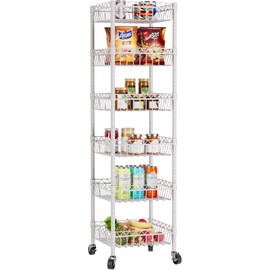 Golpart 6 Shelves Storage Shelf Wire Closet Bathroom Organizers Metal Pantry Kitchen Garage Shelving Unit Laundry Room Organization Home Rack Net Basket White with Wheels 14" Dx14 Wx64.8 H
