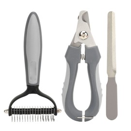 Pet Nail Clipper Comb Kit Stainless Steel Pet Nail Trimmer Hair Shedding Comb with File for Cat Dog Cold Gray (L 17 Teeth)