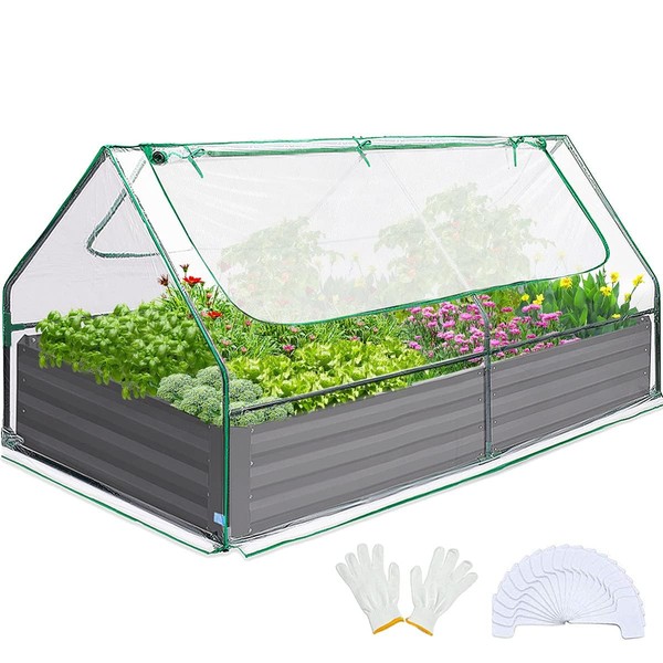 Quictent 6x3x1ft Galvanized Raised Garden Bed with Cover Metal Planter Box Kit, w/ 2 Large Screen Windows Mini Greenhouse 20pcs T Tags 1 Pair of Gloves Included Outdoor Growing Vegetables (Clear)
