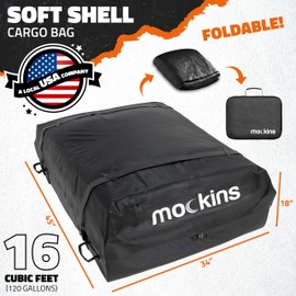 Mockins 16 Cu.Ft. Heavy Duty Car Roof Bag 45"x34"x18" | Works with or Without Roof Rack | Great for Road Trip Vacations, Camping Adventures & More | Set Includes Roof Mat, Lock, Hooks & Straps