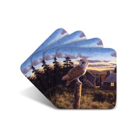 Barn Owl at Dusk Drinks Coasters by Wildlife Artist Julian Friers - Set of 4 Bird Coasters - Non-Slip, Cork Table Coasters
