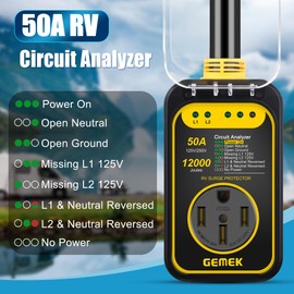GEMEK RV Surge Protector 50 Amp Waterproof, 12000 Joules Upgraded RV Power Surge Protector with Safety Certification,RV Adapter Plug for Camper,Circuit Analyzer for Travel Trailers,Mobilhome (Yellow)