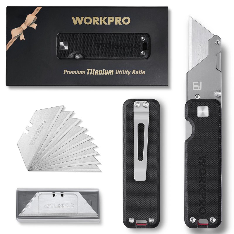 WORKPRO Premium Titanium Utility Knife, CNC Unibody w/10 Extra Blades