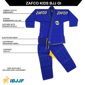 Zafco Sports Brazilian Jiu Jitsu, Kids Jiu Jitsu Gi Children BJJ Gi Grappling Kimonos Lightweight White Belt (Blue, K00)