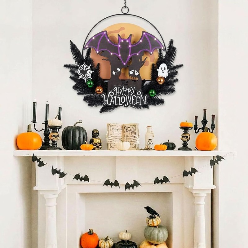 Pre-Lit Halloween Wreath for Front Door, Lighted Witch with 6H