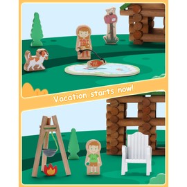 SainSmart Jr. 214 PCS Wooden Logs Cabin Set Ages 3, Building Log Gift for Boy/Girl, Creative Construction Engineering Educational Toy, Vacation Chalet