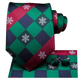 Hi-Tie Men's Christmas Tie Set Tie Pocket Square Cufflinks Set Match Reindeer Snowflake Xmas Tree Pattern for Wedding Prom, Red-Green Snowflake