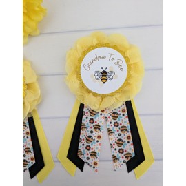 Bumble Bee Gender Reveal Baby Shower Grandma To Bee Corsage, What Will It Bee Grandmother To Be Button, Grandma and Grandpa To Bee Honey Bee Black and Yellow Baby Sprinkle Ribbon Keepsake Gift Set