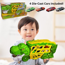 Dinosaur Car Transporter Truck Toy with Launcher & Slide-Out Track – Includes 4 Die-Cast Cars, Dino Head Push Launcher, Storage Case & Carry Handle