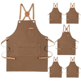 Genixart 6 Bulk Pack Chef Apron for Men Women with Pockets, Cross Back Apron for Kitchen Cooking Baking Artist Painting, Cotton Canvas Work Aprons for Restaurant, Cafe Shop, Garden (Brown, M to XXL)