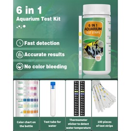 Pawfly 6 in 1 Aquarium Test Strips 100 Strip Fish Tank Testing kits for pH Chlorine Nitrate Nitrite Carbonate and Hardness Fast Water Quality Test Kit with Test Tube Thermometer Stickers for Aquairums