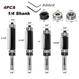 SICWOOD 4pcs Top and Bottom Bearing Flush Trim Router Bit Set 1/4 Shank, 1/2" Dia, Carbide Template Pattern Flush Cut Router bit, for Trimming Laminate, Cutting Length 13/16", 1", 1-1/4", 1-1/2"