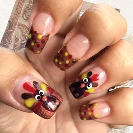 ONPRESS 24Pcs Thanksgiving Turkey Press on Nails Medium Square Fake Nails with Glitter Polka Dots Design Fall Brown French Tip Glue on Nail Autumn Full Cover Acrylic Nail for Women Manicure Decor