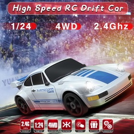 YUAN PLAN RC Drift Car, 2.4GHz Remote Control Car with LED Light, 1/24 4WD High Speed Drift RC Car with Two Rechargeable Batteries and Drift Tires, RC Cars for Kids and Adults, Silver