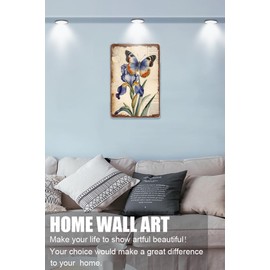 Purple Flower Decor Butterfly and Iris Vintage Metal Sign for Home Office, Aluminum, 12x8 inches
