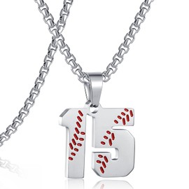 SKQIR Number Necklace for Men Baseball Silver Jersey Number Pendant for Athletes Chain for men Sport Stainless Steel Baseball gifts（Number：15
