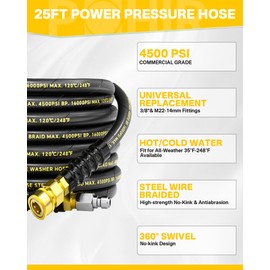 POHIR Pressure Washer Gun and Hose 4500PSI Kit, 25FT Power Washing Hose Steel Braided 3/8'' Quick Connector with 40'' Extension Wand & M22-14/15mm Fitting & 7 Nozzle Tips for Cleaning