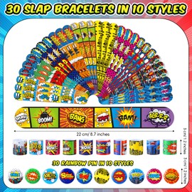 60 Pcs Hero Party Favor Hero Slap Bracelets Comic Book Slap Bracelet for Kids Comic Book Mini Button Pin for Girl Boy Heroic Birthday Party Supplies Classroom Prizes Gift