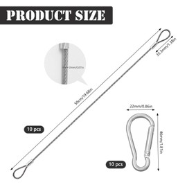 Pilikoll 10 Pcs 50cm Safety Cable Locks with Carabiner Hook Security Wire Rope with Double Loop 2mm Dia Stainless Steel Lanyard Cables Flexible Steel Cable Security Wire Ropes for Homes Doors Fences
