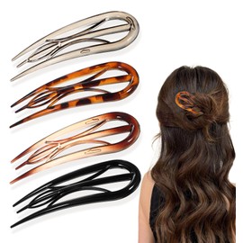 ValueBargain Large French Hair Pin, 4 Pcs French Hair Pins for Women Fine Hair, Plastic Hair Pins, French Twist Hair Clips with 3 Inner Teeth Design for Women, U Shaped French Hairpin & Hair Prong & Forks