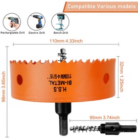 110mm Hole Saw, 4-5/16'' HSS Bi-Metal Hole Cutter with Arbor, Cutting Depth 32 mm, Hole Saw Drill Bit for Cutting Wood, Plywood, Plastic, Drywall, Thin Metal Sheets (with 1 spare drill)